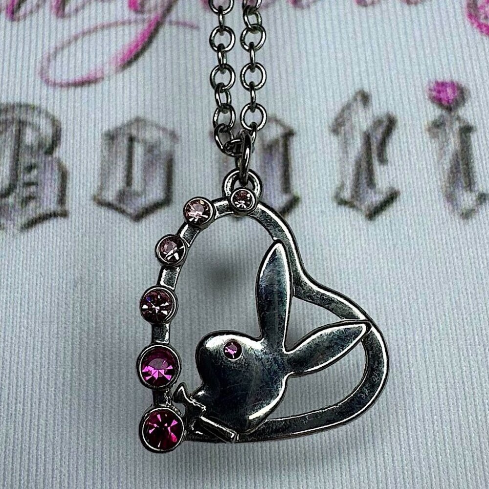 Playboy bunny necklace pink jewel diamonds silver chain link 1953 rabbit head - Picture 2 of 11